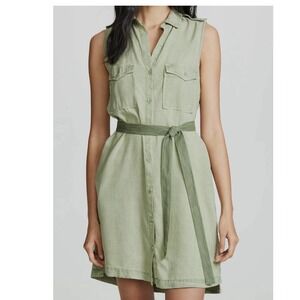 Bella Dahl Casual Green Midi Collared Dress With Tie and Pockets. Women's Medium